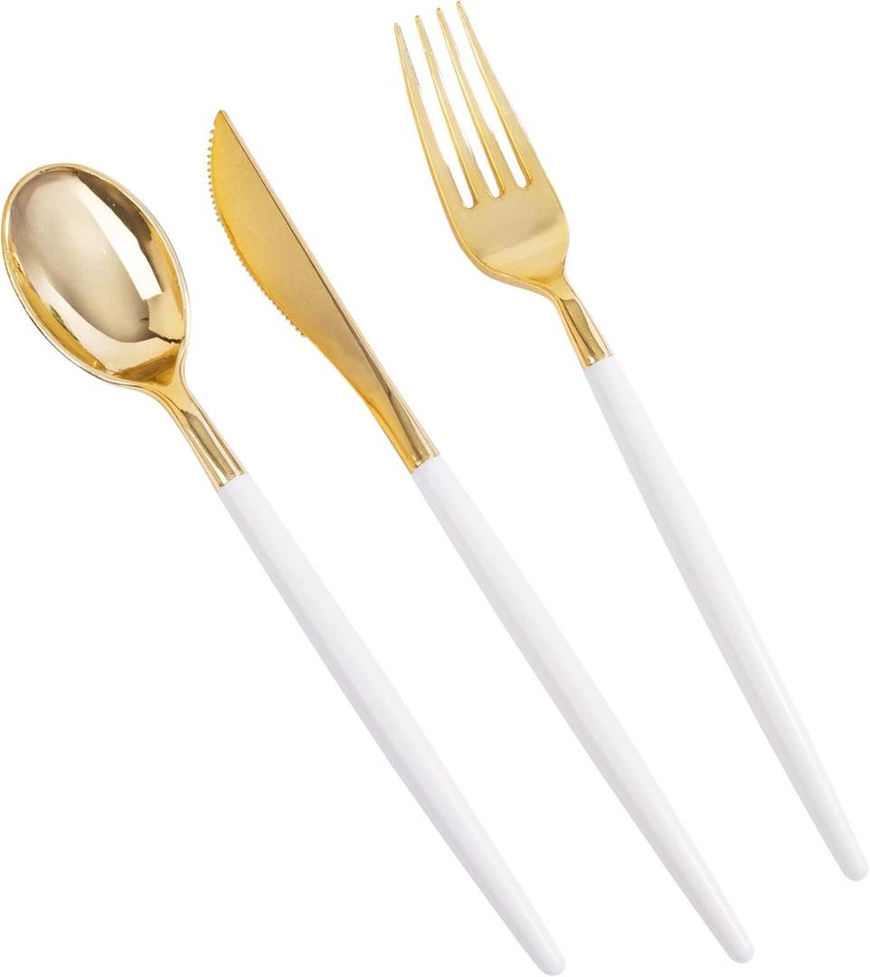 MirthMood 36 PCS Gold Plastic Silverware,Gold Silverware Disposable,Disposable Utensils Heavy Duty,Plastic Cutlery Set,Includes:12 Knives, Forks and Spoons for Party, Birthday,Wedding