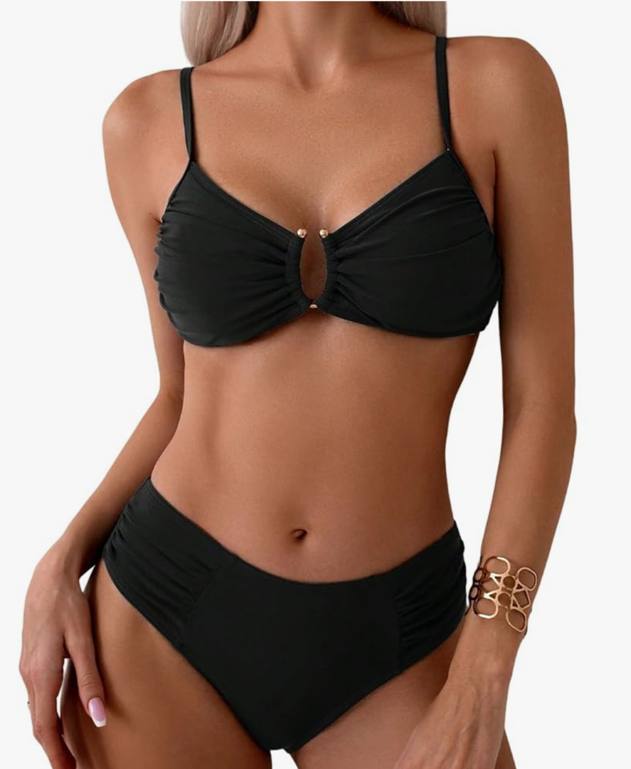 Tainehs Two Piece Swimsuits for Women Bikini Sets Ruched V Neck Mid Rise Back Hook Bathing Suit (Black, Large)