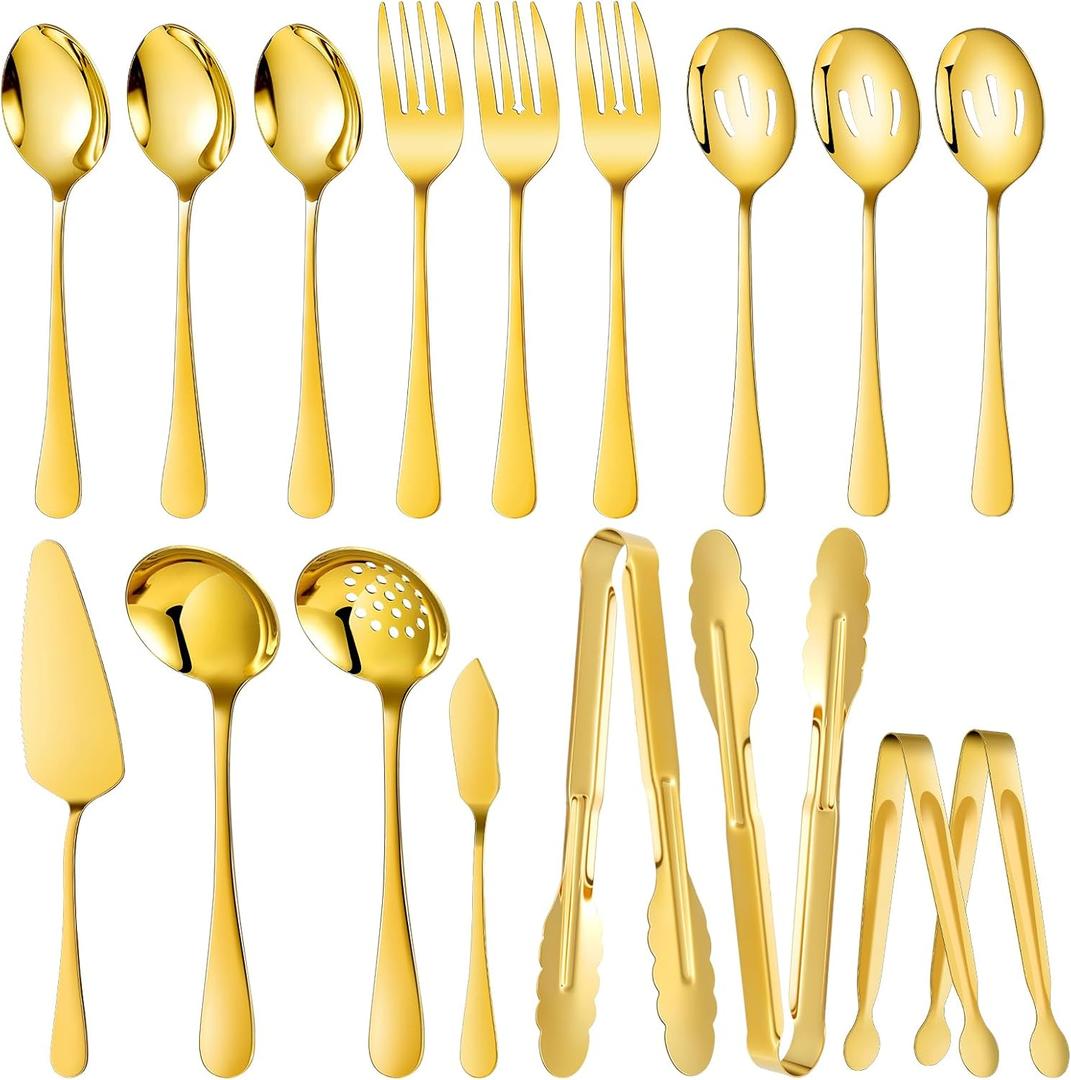 Mwellewm 17Pcs Serving Utensils, Gold Stainless Steel Large Serving Spoons, Slotted Spoon, Fork, Tongs, Cake Pie Server, Soup Spoon, Metal Buffet Banquet Cutlery Set for Parties Entertaining Catering