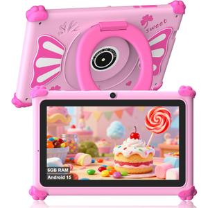 ascrecem Kids Tablets 7 Inch Android 15 Toddler Tablet for Kids with 2.4G+5G WiFi6 Penta Core 6GB RAM 32GB ROM Childrens Tablet Dual Camera 128GB Expandable Parental Control Educational Games (Pink)
