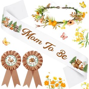 Ceenna Woodland Baby Shower Decorations Mom to Be Sash and Dad to Be Pin Flower Crown for Neutral Baby Shower Gender Reveals Party Favors Pregnancy Props Gift