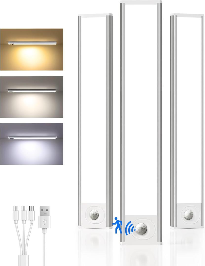 Under Cabinet Lighting Wireless,Rechargeable Battery Motion Sensor Light Indoor,LED Closet Lights USB Charging,3 Color Dimmable Under Cabinet Lights for Kitchen, Cabinet, Wardrobe (3 Pcs)12in