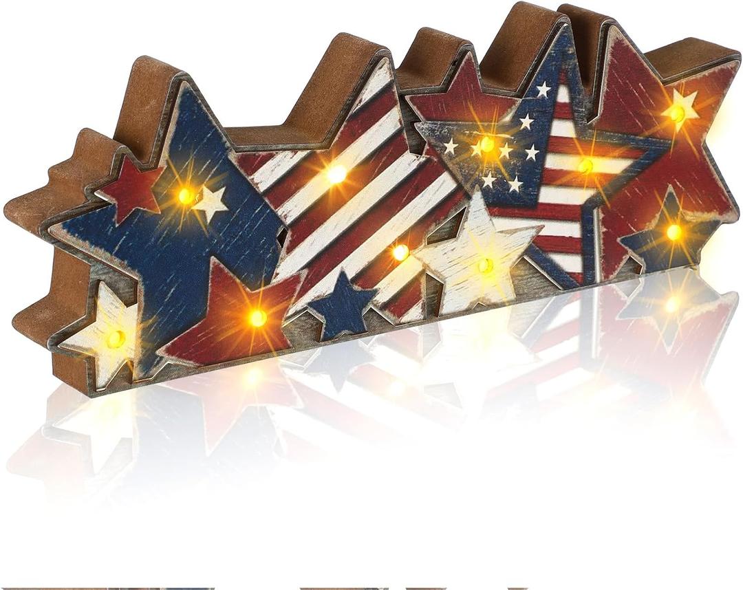 Youyole 4th of July Decorations-Retro Patriotic Table Centerpieces with LED Lights,Memorial Day Star Wooden Sign Decor, 3D Block Red White Blue Decor for 250th Anniversary Home Mantel Desk Party, 13 x 3.35 inches