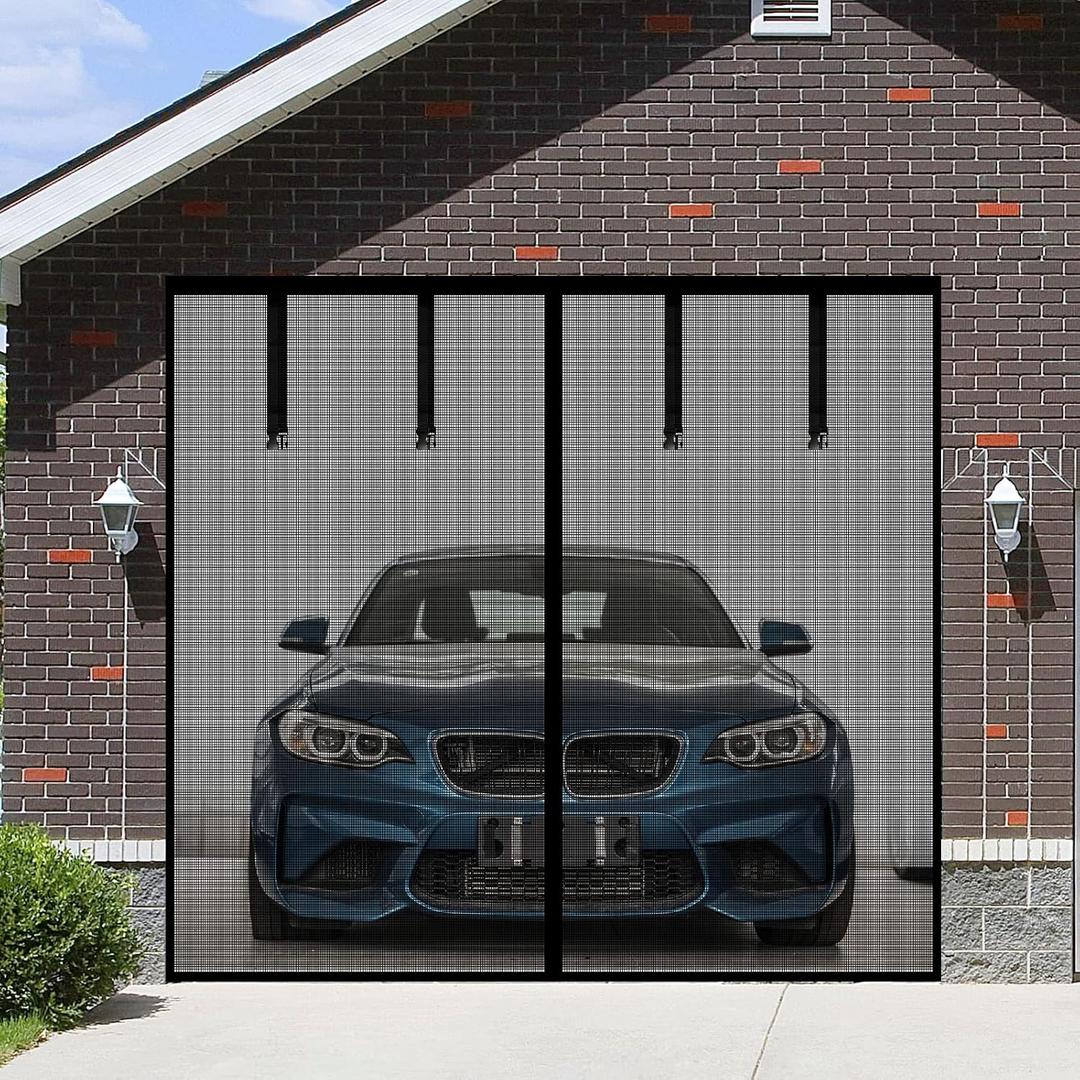 Magnetic Garage Screen Door for 1 Car Garage Doors 9x7FT- Reinforced Self Sealing Fiberglass Mesh Door with 4 Strapping Tapes, High Energy MagnetsHands Free Door Screen with Closure Weighted Bottom