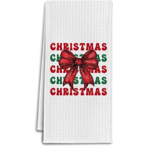 IRTAGANNY Red and Green Coquette Bow Christmas Kitchen Towels, Preppy Xmas Dish Tea Towels for Kitchen, Retro Holiday Christmas Bowknot Decorative Hand Towel for Bathroom, 16x24 Inch