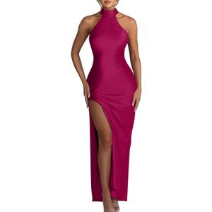 Memoriesea Women's Sexy High Split Sleeveless Backless Party Wedding Maxi Dress (Medium, Rose Red 