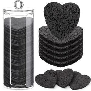 Sieral Compressed Facial Sponges with Container Disposable Face Sponge Pads for Washing Face Cleansing Exfoliating Esthetician Makeup Removal(Heart,Black)