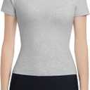 Womens Slim Fitted Crew Neck T-Shirt Stretchy Cotton Y2K Short Sleeve Tees for Workout Basic Tees Going Out Tops (Gray, S)