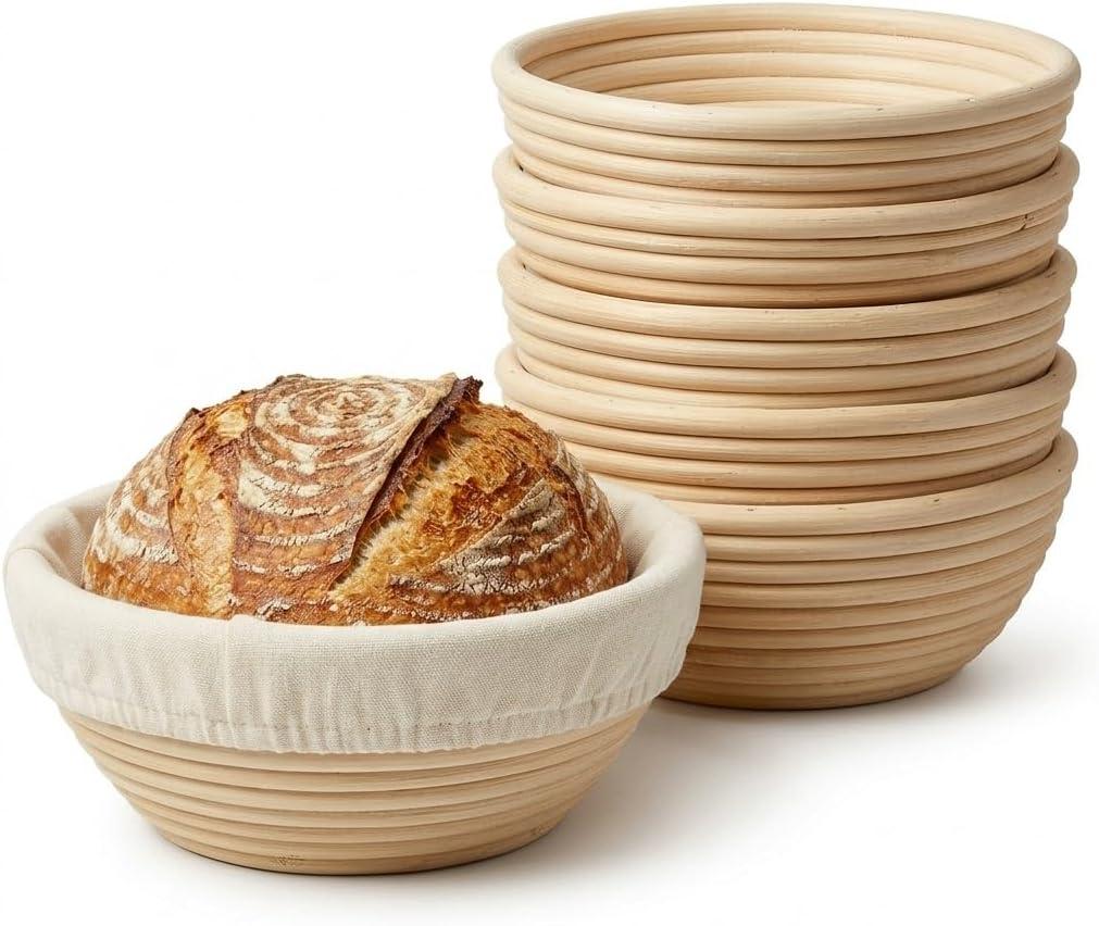 6 Pack Mini Round Banneton Proofing Basket Set 5 Inch, Natural Rattan Small Sourdough Bread Baskets with Linen Liners, Dough Baking Bowls for Professional & Home Bakers