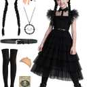 Girls Halloween Costumes Princess Kids Long Black Dress with Wig Accessories Cute Dress Up Birthday Outfits,   110 (3-4 Years)