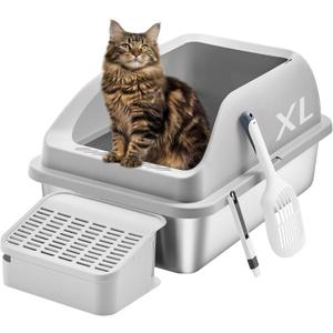 Feandrea Stainless Steel Cat Litter Box with Open Top, High Sided Litter Tray with Step, Scoop, Brush, for Cats up to 33 lb, Light Gray UPPT008GD01