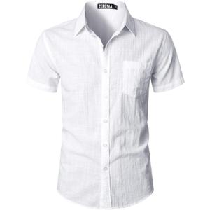 ZEROYAA Men's Fitted Cotton Like Linen Casual Short Sleeve Button Up Shirts Lightweight Beach Tops with Pocket (White), Size: XS ZEROYAA Men's Fitted Cotton Like Linen Casual Short Sleeve Button Up Shirts Lightweight Beach Tops with Pocket (White), Size: XS