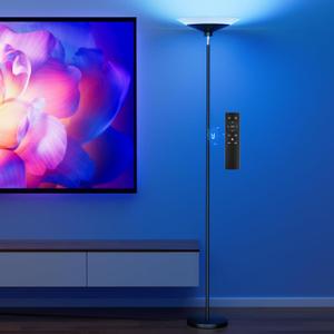 SIBRILLE RGB Torchiere Floor Lamp - 30W Dimmable LED Standing Lamp with Remote, Multi Color Changing, 72in Tall Corner Light, Bright Standing Pole Light for Office Living Room Bedroom Basement, Black
