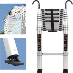 JADDUO Telescoping Ladder with Hooks, 16.5 FT Aluminum Collapsible Extension Ladder - 350 LBS Capacity, Non-Slip Feet, Portable Multi-Purpose Compact Ladder for Home, RV, Loft (All Aluinum 16.5FT with Hook,Silver, Silver)