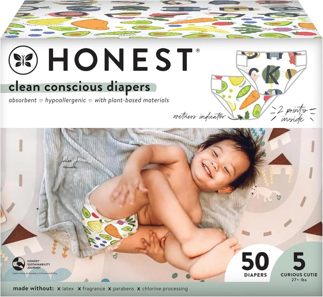The Honest Company Clean Conscious Diapers | Plant-Based, Sustainable | So Delish + All The Letters | Club Box, Size 5 (27+ lbs), 50 Count