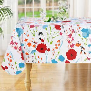 misaya Rectangle Waterproof Vinyl Table Cloth, Wipeable Tablecloth with Flannel Backing, Plastic Table Cover for Dinner, Picnic, Indoor and Outdoor (Flowers, 60" x 84") (Off White)