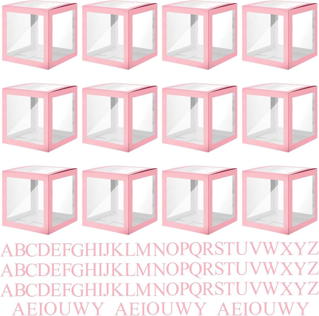 Thyle 12 Pcs Transparent Balloon Boxes Clear Balloon Boxes with 99 Letters for Baby Shower Gender Reveal Grad Birthday Party Bridal Wedding Anniversary Backdrop Decoration (Pink)