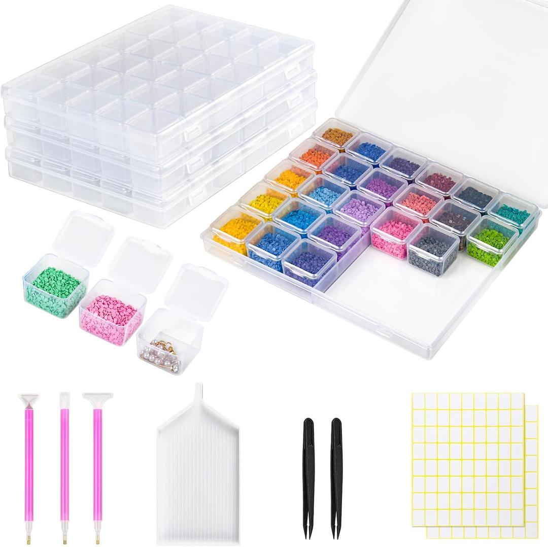 Cokapo 120-Grid Diamond Art Storage Containers, Portable Diamond Painting Storage Containers with Labels, Bead Organizer Box for Diamond Art Accessories, Bead Storage, DIY Craft, Jewelry, Nail (Clear 4 Pack 120 Grids)