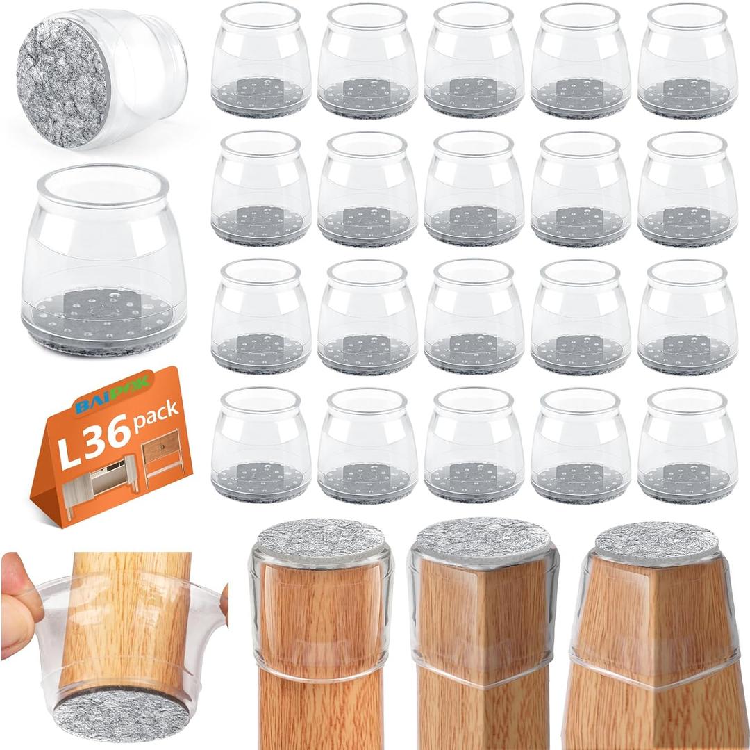 BAIPOK 36Pcs Round Chair Leg Floor Protectors with Felt Bottom, Silicone Chair Leg Covers Caps for Hardwood Floors, Dining Room Bar stools Leg Protectors, Reduce Noise & No Scratch, Clear, Large