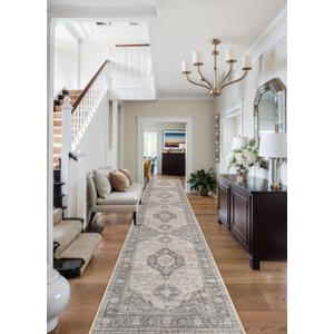 Lahome Oriental Hallway Runner Rug, 2.5x10 Washable Runner Ultra-Thin Hallway Rug for Bedroom Entryway, Soft Long Carpet for Kitchen Bathroom Laundry Room Eleanor, Grey/Brown