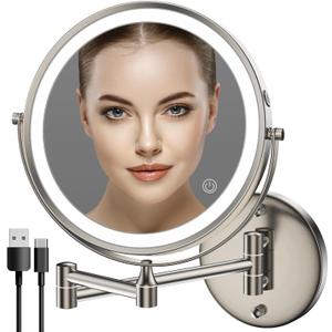 Rocollos Rechargeable Wall Mounted Lighted Makeup Mirror, 8 Inch Double-Sided LED Vanity Mirror 1X/10X Magnification,3 Color Lights Touch Screen Dimmable 360Swivel 13 Inch Extendable