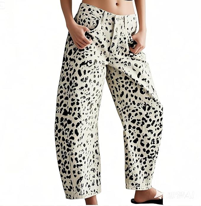 Womens Barrel Baggy Jeans Y2k Boyfriend Cheetah Print Jean Leopard Pants Mid Rise Wide Leg Denim Ankle Pants Black White XXL
