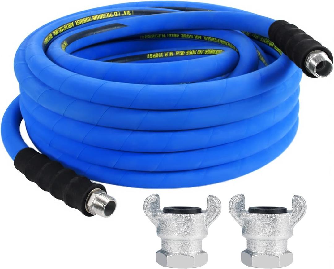 3/4 inch Air Hose 50FT Include 2 Pcs Chicago Connectors, Industrial Compressor Air Hose 100% Rubber, 300 PSI, 50F to 190F Degrees High Strength Polyester Braided Replacement Air Line Kit