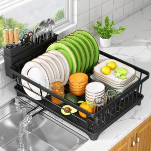 Dish Drying Rack - Space-Saving Small Dish Rack for Kitchen Counter, Rust-Resistant Kitchen Drying Rack, Compact Dish Drainer Organizer with Utensil Holder for Home Kitchen, Black