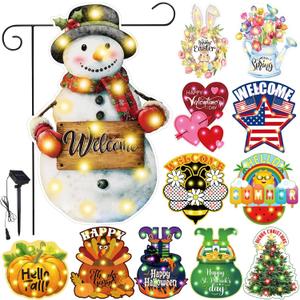 12 Pcs Solar Seasonal LED Garden Flags 12 x 18 Inch Yard Flags Spring Easter Halloween Fall Thanksgiving Day Decorations Welcome Garden Flag Lawn Yard Outdoor Holiday Decoration