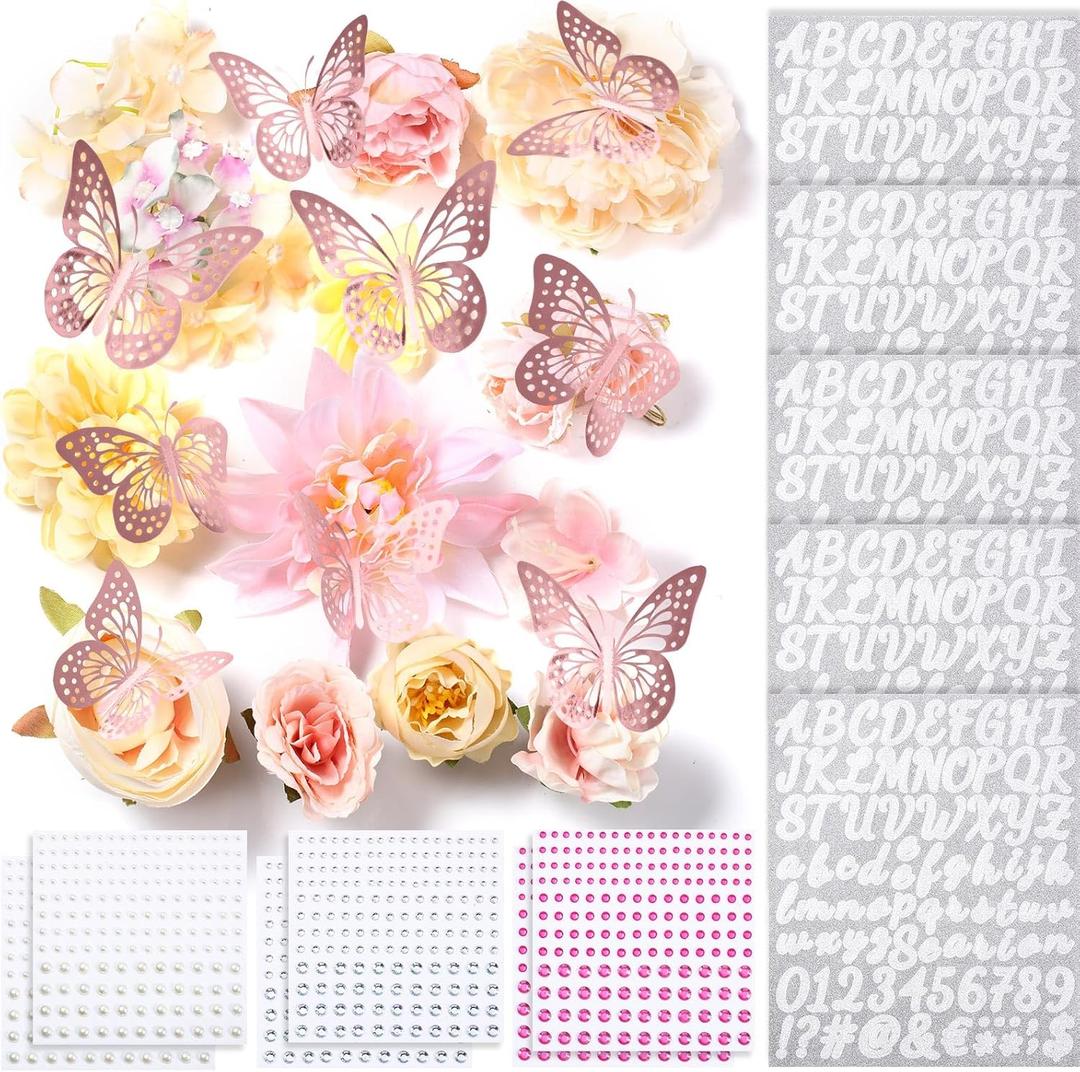 Hoteam Graduation Cap Decorations Kits Included Faux Flowers 3D Butterfly Stickers Self Adhesive Rhinestones Glitter Alphabet Letter Stickers for Grad Cap Topper DIY Craft Art Decor(Pink)