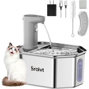 Cordless Cat Water Fountain Stainless Steel - Stainless Steel Cat Water Fountain Cordless - Water Fountain for Cats - Wireless Pet Water Fountain - Motion Sensor/Battery Operated 2.6L,1 Filter