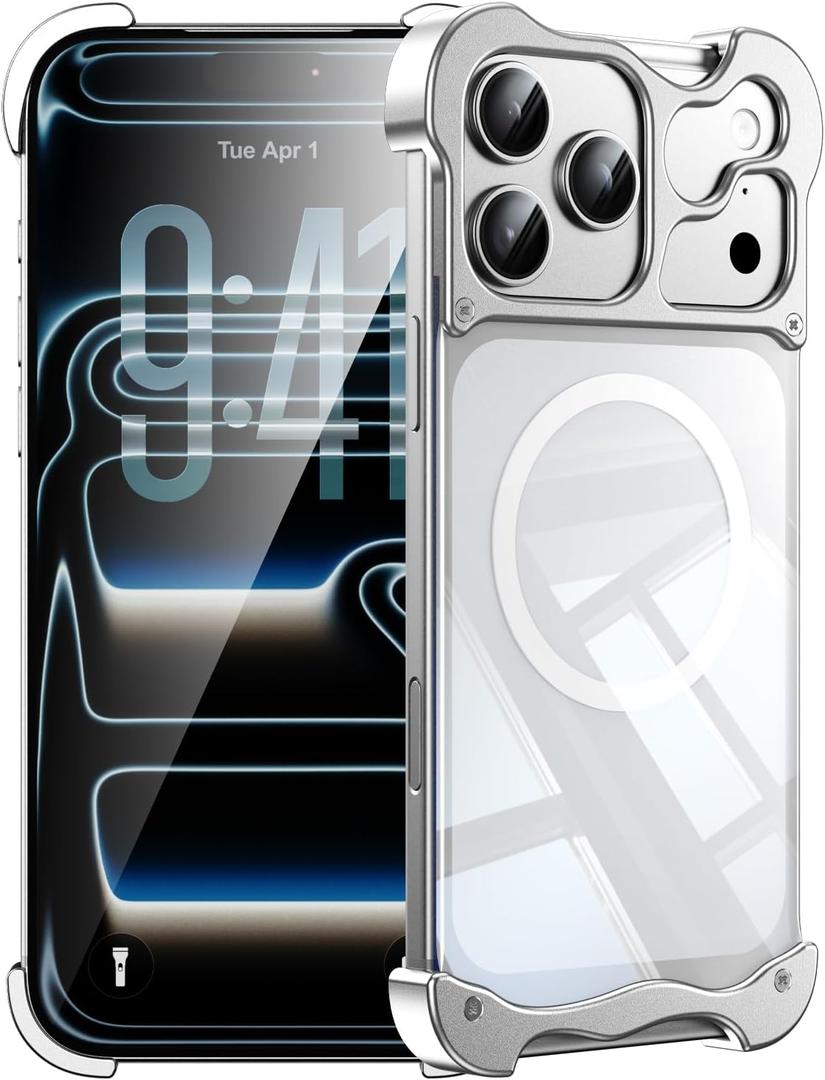 for iPhone 17 Pro Max Case Metal Frameless Detachable 4 Corner Airbag Compatible with MagSafe Slim Bumper Grade Shockproof Protector Cover with Camera Protection for iPhone 17 Promax White