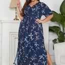 Keluummi Plus Size Wedding Guest Maxi Dresses for Curvy Women, Summer Formal Floral V Neck 3/4 Sleeve A Line Long Party Dress (Blue)