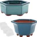 Bonsai Planter 2pc Small Succulent Glazed Pots 4.9" and 6.1" + 6 Soft Mesh Drainage Screens