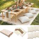 Beeveer Extra Large Outdoor Boho Picnic Blanket 118'' x 71'' Beige White Table Runner 6 Throw Pillow Cover Woven Cotton Yarn Oversize Beach Blanket Washable for Picnic Camp Wedding