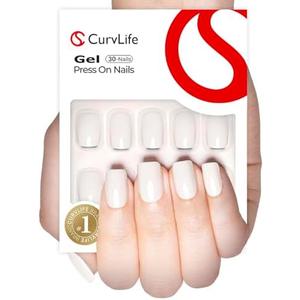 Curvlife Soft Gel Press on Nails with Fake Nail Tips and Ceramic Style Glossy Design Full Cover 15 Sizes Gel Nails, Women Reusable Nail Kit with Nail Glue Adhesive Tabs Nail File