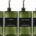 WISIMMALL Olive Oil Dispenser Bottle For Kitchen, 17OZ UV-Blocking Oil And Vinegar Dispenser Set Of 4, Soy Sauce Cooking Oil Dispenser with 4 Stainless Steel Pourers & 44 Labels