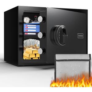 Small Safe Box, Fingerprint Home Safe for Money, Money Safe with Fireproof Waterproof Bag, 0.8 Cubic Biometric Small Fireproof Safe for Home