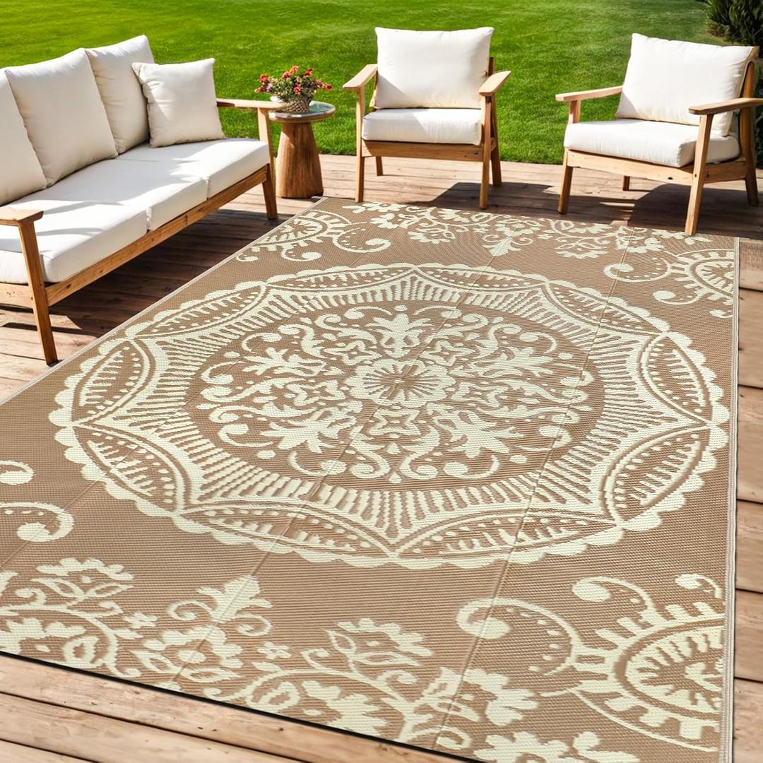 Capslpad 5x8 Outdoor Rug Waterproof Beige Boho Floral Patio Carpet Portable Plastic Straw Rug Foldable Outside Carpet with Carry Bag for RV Backyard Balcony Bench Picnic Porch