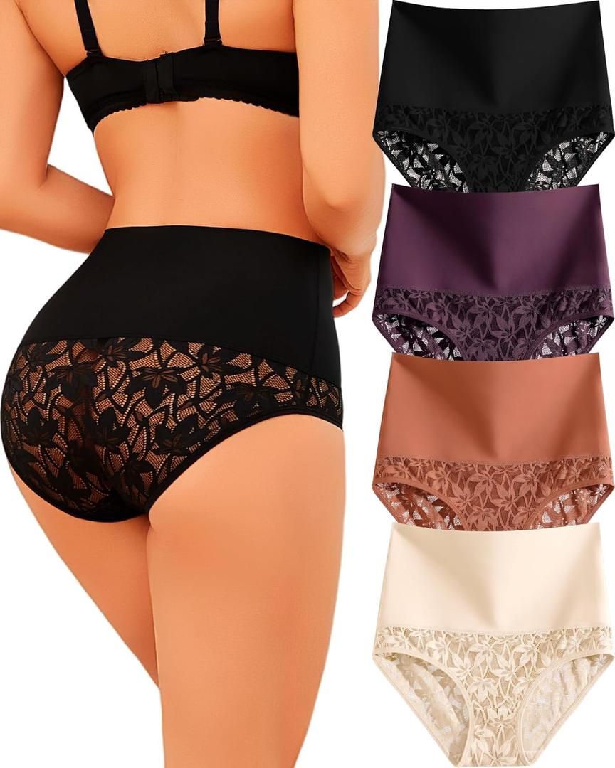 Shapewear for Women Tummy Control High Waisted Panties Sexy Lace Breathable Plus Size Briefs 4-Pack (Black / Purple / Caramel / Nude)