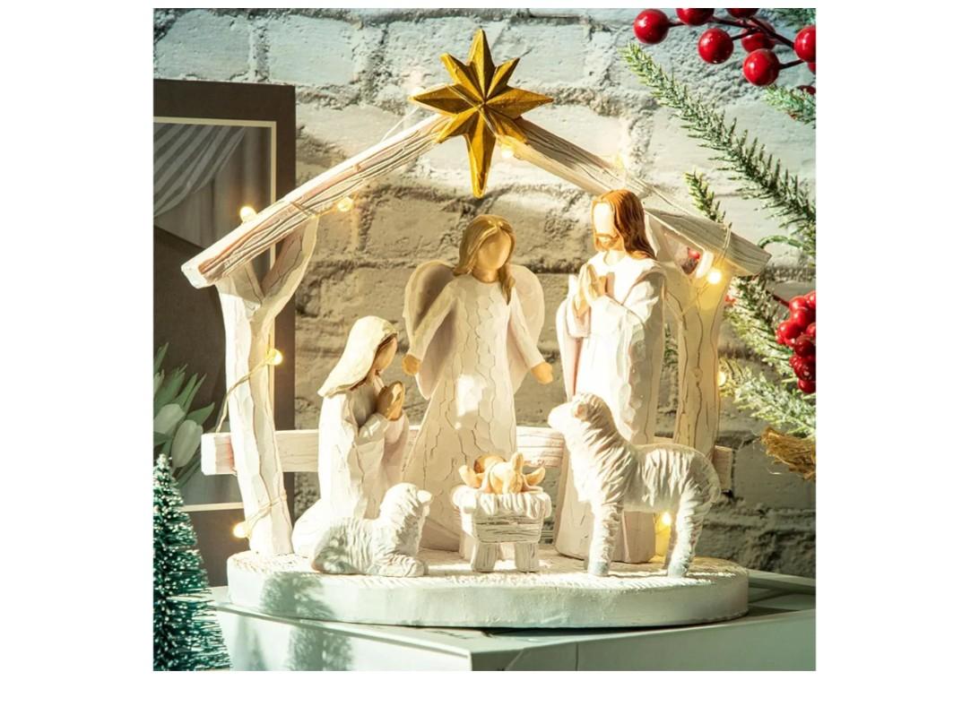 Nativity Scene with Lights, Nativity Story Resin Sculpted Hand Painted Nativity Figurine Set for Christmas Decoration Holy Family Manger Scene for Christmas Indoor Tabletop Decorations