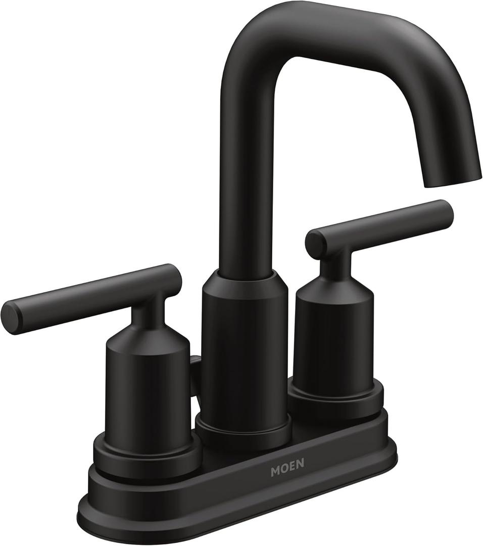 Moen Gibson Matte Black Two-Handle Centerset High Arc Modern Bathroom Faucet with Drain Assembly, Contemporary Black Sink Faucet for 3-Hole Countertops, 6150BL (Maximum Deck Thickness: 1-1/5")