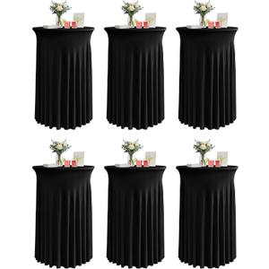 KeyWave Cocktail Table Tablecloth with Skirts - 32x43 Inch Wavy Spandex High Top Cocktail Table Covers, Ruffle Drape Highboy Tablecloth Reusable for Party Wedding Cake Standing Table, Black, 6 Pack