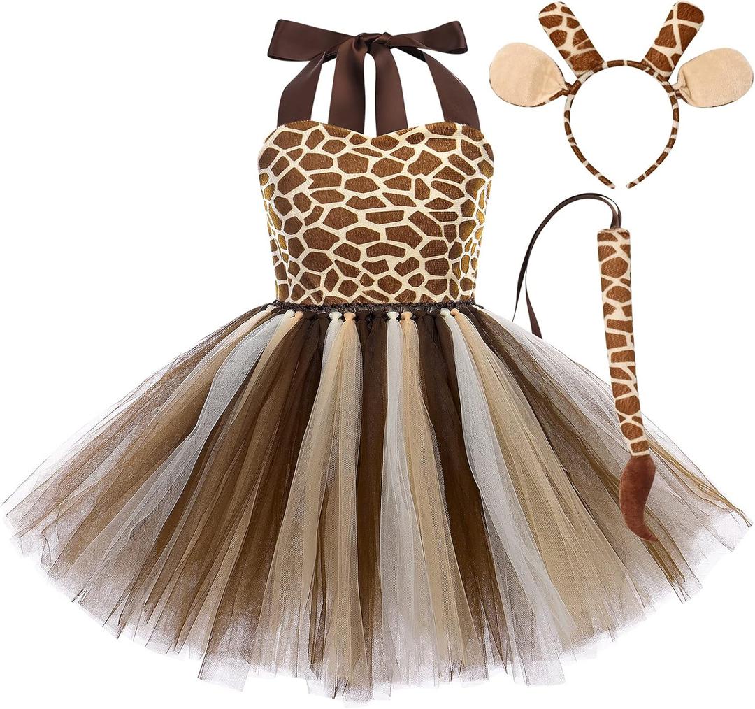 Girls Jungle Themed Dress Animal Tutu Dress Christmas Birthday Party Outfit 3pcs with Ears Headband Tail Accessories Baby Girl Giraffe 3-4 Years