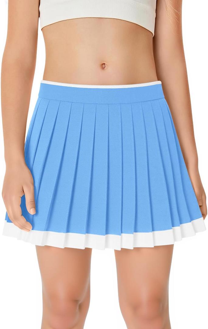 Haloumoning Girls Pleated Tennis Skirts with Shorts Kids High Waisted Athletic Skorts Golf Skirt with Pockets 5-14 Years (Blue)