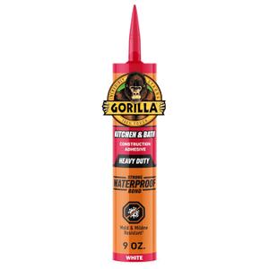 Gorilla Kitchen & Bath Construction Adhesive, Heavy Duty Strong Waterproof Bond, White, 9 fl. oz. Cartridge