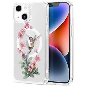 MAYCARI for iPhone 12 mini Case Compatible with MagSafe, Magnetic Cute Pink Floral Hummingbird Design Clear Phone Cover for Girls Women Soft TPU Hard Back Protective Case for iPhone 12 mini