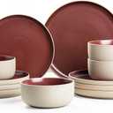 12 Pieces Dinnerware Sets,Plates and Bowls Sets,Handmade Reactive Glaze Dishes Set for 4 with at Least 10% Recycled Ceramic and the Raw Texture of the Clay (Angora Red)