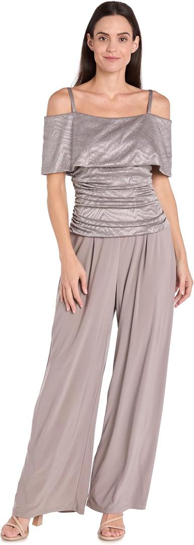 R&M Richards Women's Glam Glitter Jacquard Cold-Shoulder Jumpsuit W/Ruched Bodice & Wide Legs (Beige, S)