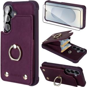 Wallet Case Compatible for Galaxy S25 with Card Holder, Shockproof Protective Cover 360Rotation Ring Stand and RFID Blocking for Samsung Galaxy S25 6.2 inch, Dark Purple